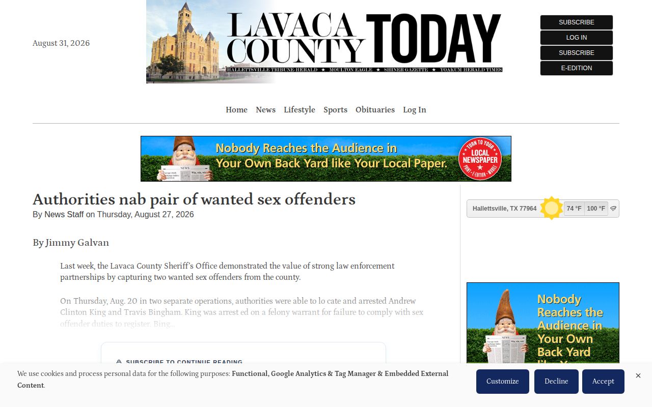 Lavaca County Today crime news report and agency-source context