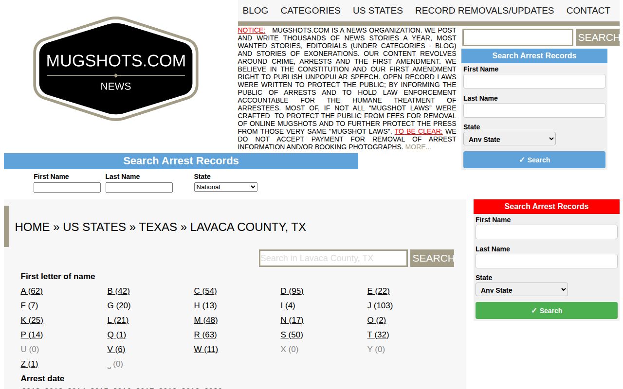Mugshots.com Lavaca County secondary archive interface