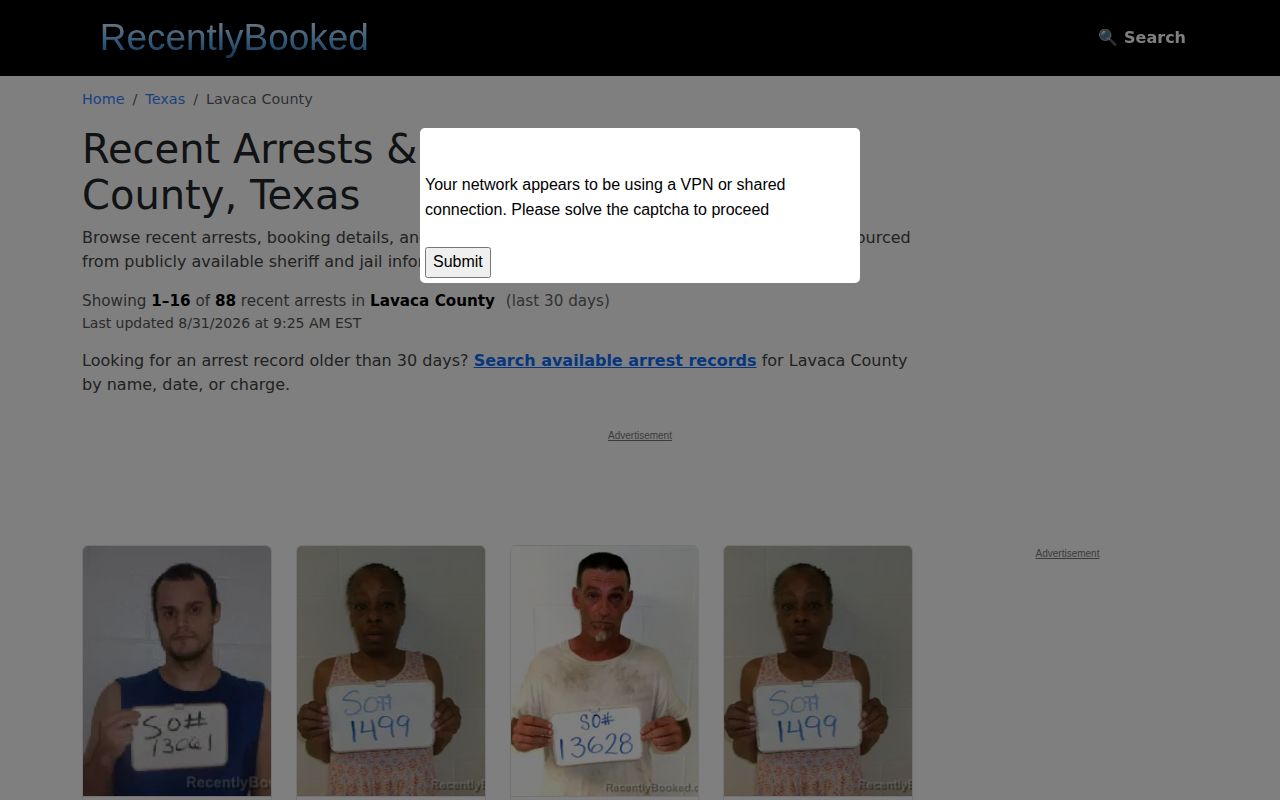 Recently Booked Lavaca County secondary recent-arrest publication interface