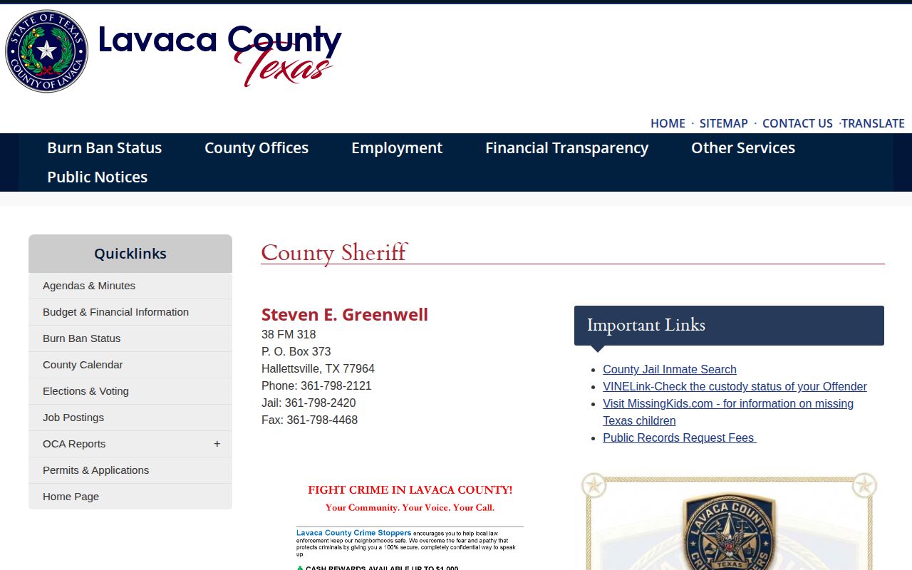 Lavaca County Sheriff official source for jail roster and booking record access